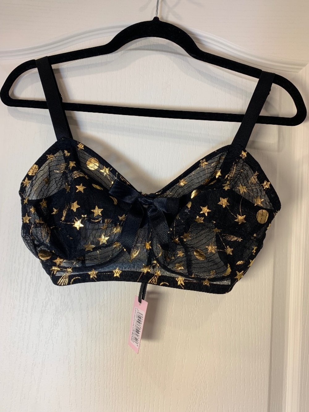 Bettie Page x Playful Promises Celestial Mesh Bra NWT 34DDD‎ Black Gold Cosmic